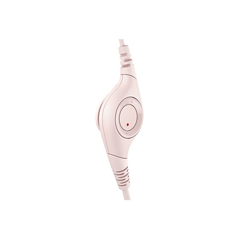 Gros plan d'une télécommande de casque rose clair avec des boutons et une lumière rouge. Le fond est blanc.