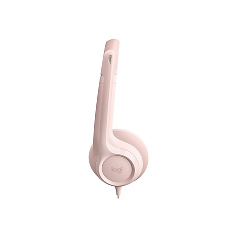 Casque rose clair de profil, câble vers le bas. "Logi" est sur l'écouteur.