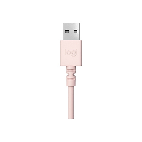 Câble USB rose clair avec le logo Logi. Le connecteur est argenté.