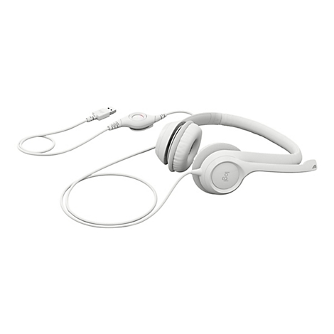 Weißes Headset mit Mikrofon und USB-Kabel, freigestellt auf weißem Hintergrund.