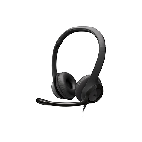 Schwarzes Headset, Detailansicht auf weißem Hintergrund. Bügel und Ohrmuscheln sind erkennbar. Mikrofonarm ragt nach unten.