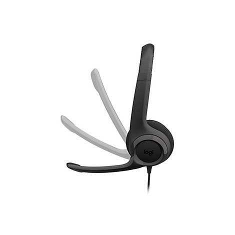 Ein schwarzes Headset mit einem verstellbaren Mikrofon, das im Bild in drei Positionen dargestellt ist, mit dem Logi-Logo.