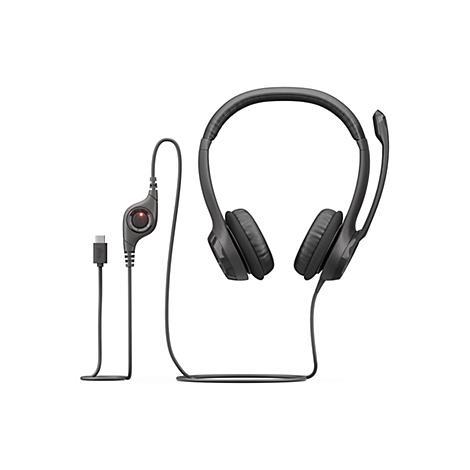 Dunkelgraues Headset mit Bügel und Mikrofon, Kabel mit Steuerung und USB-Anschluss. Auf weißem Hintergrund.