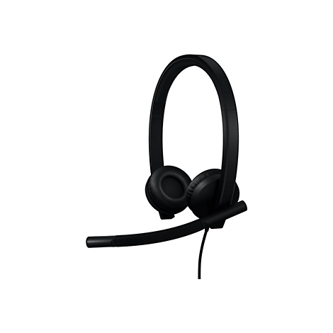 Schwarzes Headset mit Mikrofon auf weißem Hintergrund.