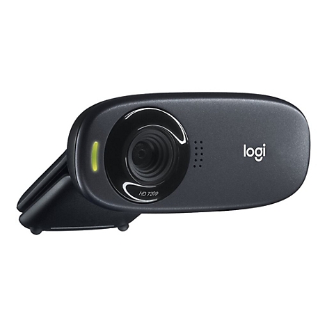 Schwarze Webcam mit Logi-Logo. Die Linse ist von einem silbernen Kreis umgeben. Rechts steht HD 720p.