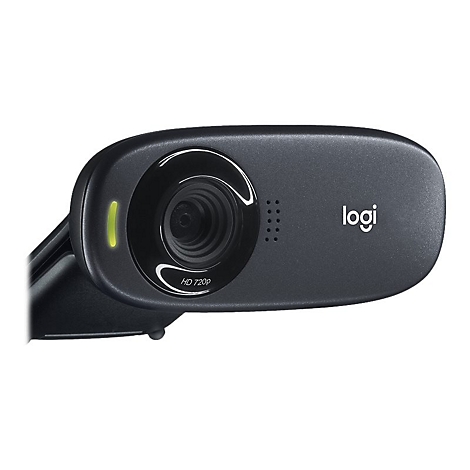 Schwarze Webcam mit Objektiv, Kontrollleuchte und Logi-Schriftzug.
