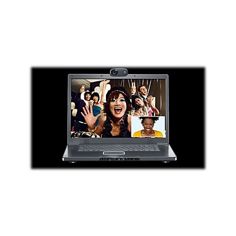 Laptop mit Videocall. Auf dem Bildschirm sieht man eine frÃ¶hliche Party mit zwei Personen im GesprÃ¤ch.