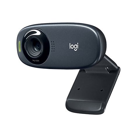 Dunkle Webcam mit Logo logi, leicht schrÃ¤g. Mit Halterung.