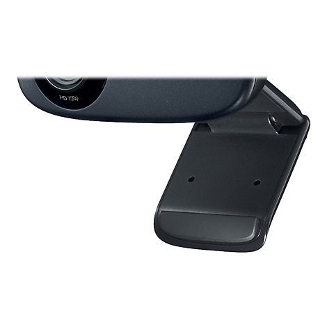Dunkle Webcam mit HD 720p Beschriftung. Der StandfuÃŸ ist angewinkelt.