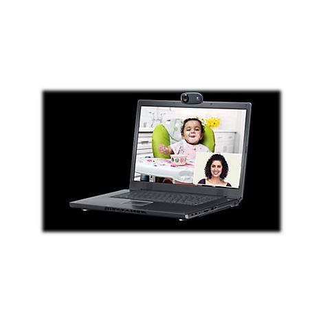 Laptop mit Webcam. Auf dem Bildschirm ein Baby im Hochstuhl und eine Frau im Videochat. Der Hintergrund ist schwarz.