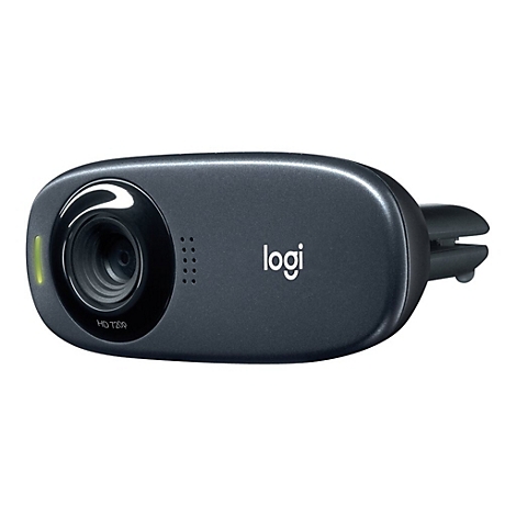 Dunkelgraue Logitech Webcam mit Linse, MikrofonlÃ¶chern und Logo. Die Kamera ist an einem Halter montiert.