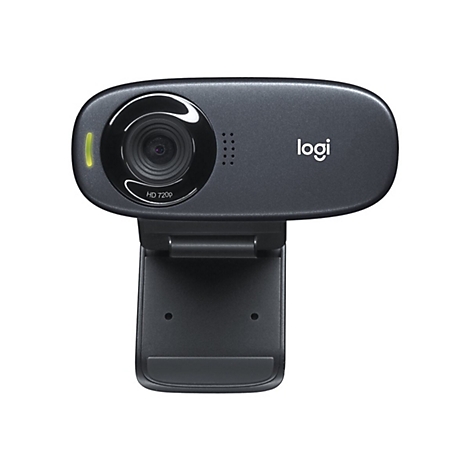 Schwarze Logitech Webcam mit HD 720p Aufschrift, auf weiÃŸem Hintergrund. Die Kamera hat ein ovales GehÃ¤use und einen verstellbaren StÃ¤nder.