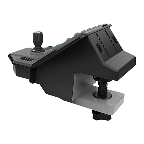 Schwarze Joystick-Steuerung mit rotem Knauf und grauer Halterung. Auf einer grauen Klammer befestigt.