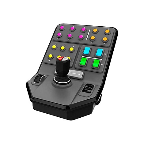 Graues Steuerpult mit Knöpfen, Joystick und Schaltern, farblich markiert.