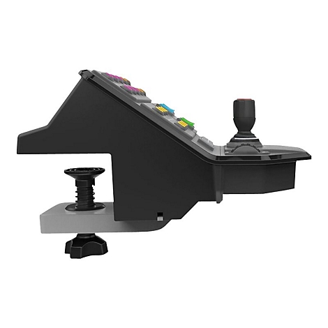 Schwarzer Steuerungs-Controller, der mit einer Klemme an einem Tisch befestigt ist. Mit farbigen Knöpfen und einem Joystick.