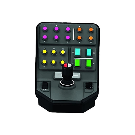 Schwarzes Steuerpult mit Knöpfen in verschiedenen Farben und einem Joystick.