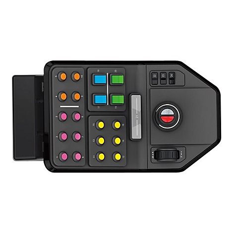 Detaillierte Draufsicht auf ein Bedienfeld mit Knöpfen, Schaltern und Drehreglern in Grautönen und verschiedenen Farben.