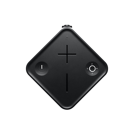 Draufsicht auf einen schwarzen, rautenförmigen Lautsprecher mit Bedienelementen.