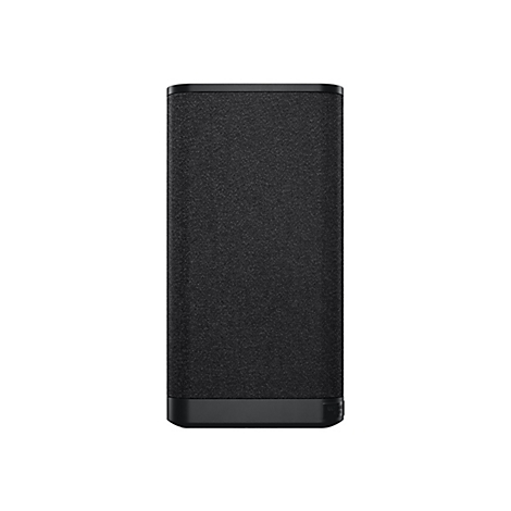 Schwarzer, rechteckiger Lautsprecher vor weißem Hintergrund. Die Ober- und Unterseite sind schwarz, die Mitte ist mit einem Textilgewebe bespannt.