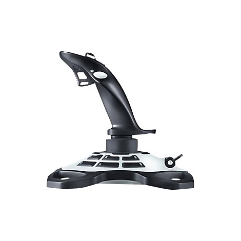 Manche noir avec base blanche. Il y a des boutons et un petit interrupteur en haut.