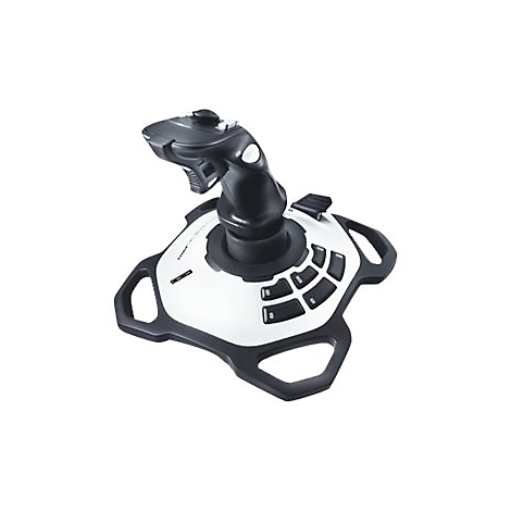 Joystick noir et blanc pour jeux vidéo avec plusieurs boutons.