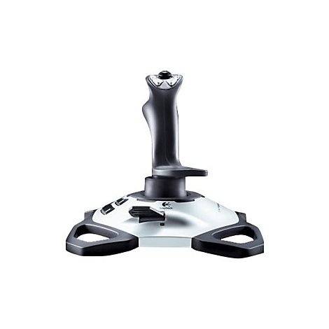 Un joystick gris avec poignée noire, base argentée et logo.