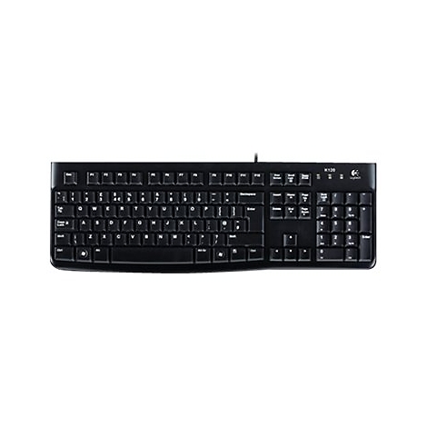 Clavier noir, touches avec lettres blanches, sur fond blanc. Marque Logitech, modÃ¨le K120.