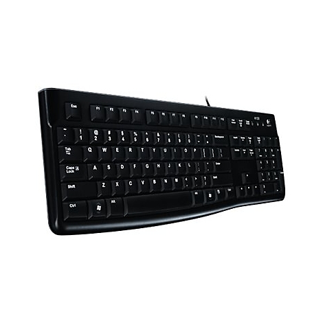 Schwarze Tastatur mit weißen Buchstaben, Kabelanschluss. Auf der Tastatur sind die üblichen Buchstaben und Sonderzeichen zu sehen.