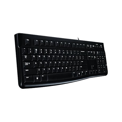 Schwarze Tastatur mit weißen Buchstaben und Zahlen. Das Logitech-Logo ist nicht zu sehen.