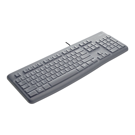 Graue Logitech-Tastatur mit allen Tasten, Kabelanschluss, vor weißem Hintergrund.
