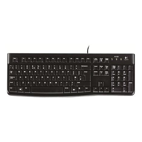 Schwarze, kabelgebundene Logitech K120 Tastatur mit vollständigem Tastenlayout auf weißem Hintergrund.