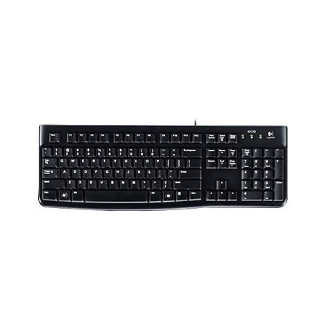 Schwarze Logitech K120 Tastatur auf weißem Hintergrund.