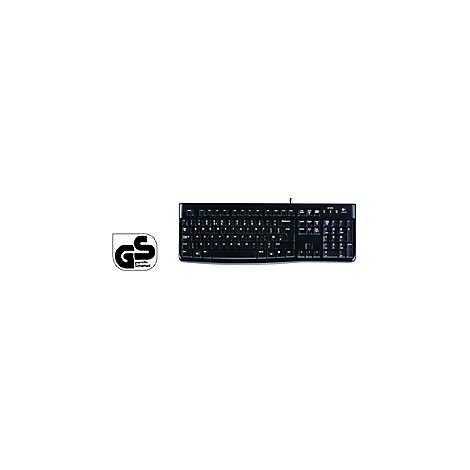 Schwarze Tastatur mit GS-Siegel. Eine Tastatur mit allen Tasten vor weißem Hintergrund.