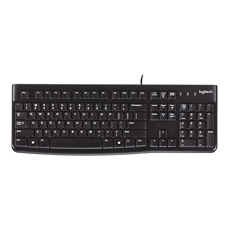 Schwarze Logitech-Tastatur auf weißem Hintergrund. Die Tastatur hat schwarze Tasten mit weißen Beschriftungen.