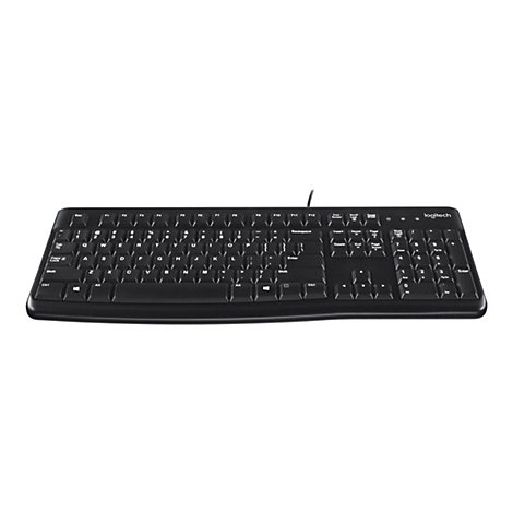 Schwarze Logitech-Tastatur, von oben fotografiert. Tastenbeschriftungen sind weiß. Das Logitech-Logo befindet sich oben rechts.