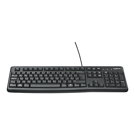 Schwarze Logitech-Tastatur, Kabel nach oben gerichtet. Buchstaben, Zahlen und Sonderzeichen auf den Tasten. Logo rechts oben.