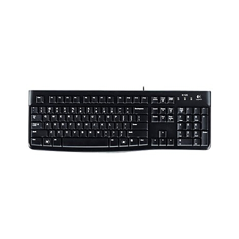 Schwarze, kabelgebundene Logitech K120 Tastatur mit QWERTZ-Layout auf weißem Hintergrund.