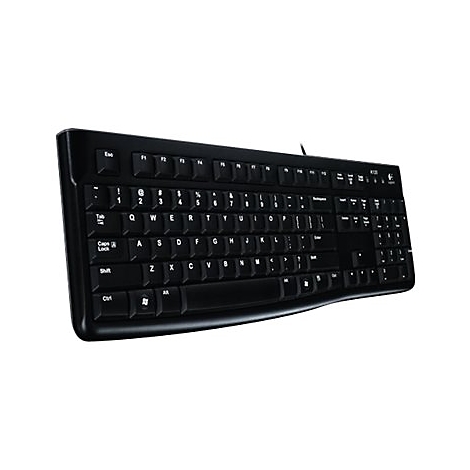 Schwarze kabelgebundene Logitech K120 Computertastatur in Seitenansicht vor weißem Hintergrund.