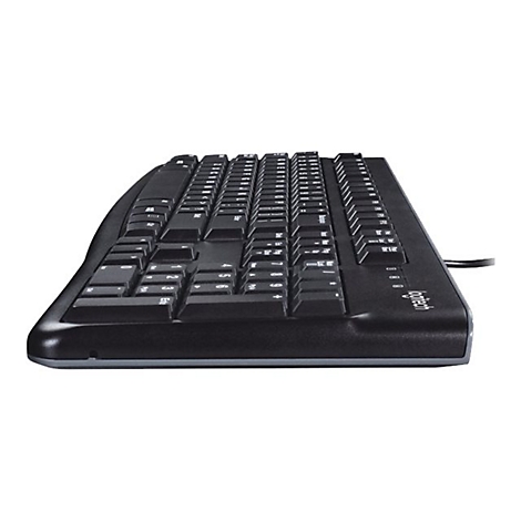 Schwarze Logitech Tastatur im Detail, Seitenansicht. Tasten, Kabel sichtbar.