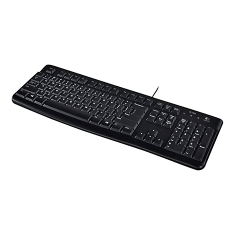 Schwarze Logitech-Tastatur K120, Kabelanschluss, Tastenbeschriftung in Weiß.