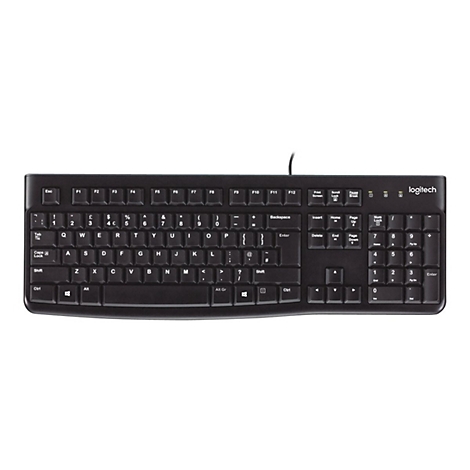 Schwarze Logitech-Tastatur mit weißen Beschriftungen der Tasten. Oben ist das Logitech-Logo.