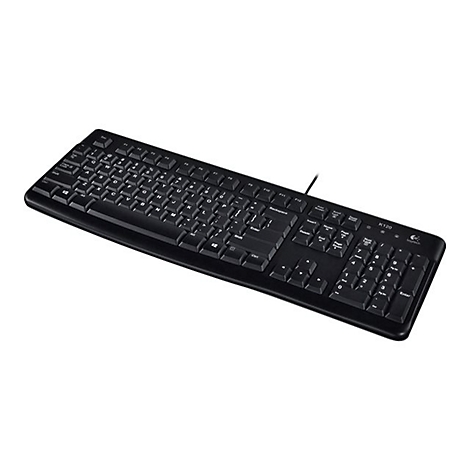 Schwarze Tastatur mit weißen Buchstaben und Ziffern auf hellem Hintergrund. Kabelanschluss rechts oben.