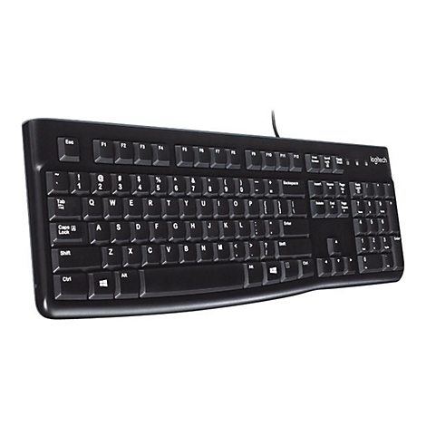 Schwarze Logitech-Tastatur, Draufsicht. Buchstaben, Zahlen und Funktionstasten sind deutlich erkennbar. Das Logo befindet sich oben rechts.
