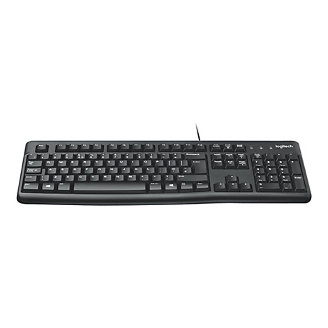 Schwarze Logitech-Tastatur, Draht angeschlossen. Buchstaben und Symbole auf den Tasten.