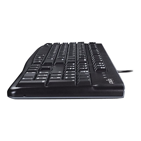 Schwarze Logitech-Tastatur, leicht von unten betrachtet. Tasten in Reihen, Kabel rechts.