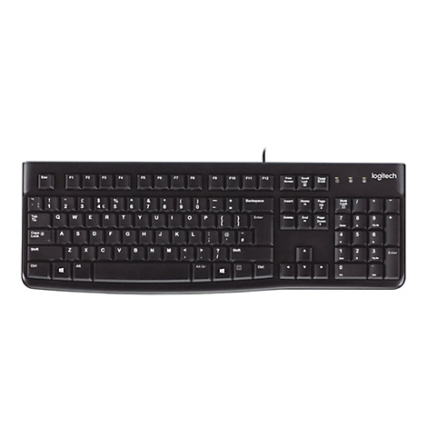 Schwarze Logitech-Tastatur mit Beschriftung der Tasten in Weiß. Auf der rechten Seite befindet sich ein Nummernblock.