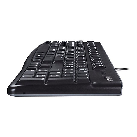 Schwarze Computertastatur, leicht von oben gesehen, mit Logitech-Logo.