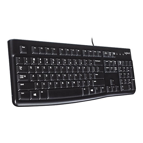 Schwarze Logitech-Tastatur, von oben fotografiert, mit Beschriftung auf den Tasten.