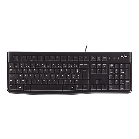 Schwarze Logitech-Tastatur mit weißen Buchstaben und Zahlen. Oben stehen Funktionstasten, daneben ein Nummernblock.