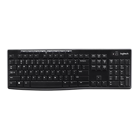Vue de dessus d'un clavier Logitech noir. Des lettres, des chiffres et des caractères spéciaux sont visibles en blanc sur les touches noires. Le logo Logitech est dans le coin supérieur droit.